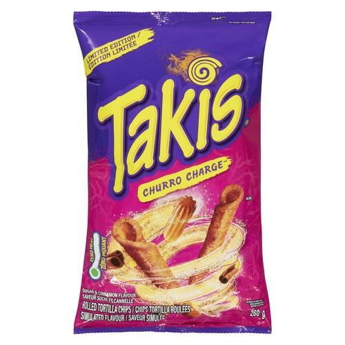 Takis - Churro Charge Rolled Tortilla Chips - Sugar & Cinnamon Flavour Limited Edition 260g, 1 Each