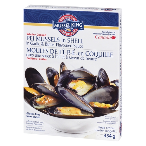 Mussel King Whole Cooked PEI Blue Mussels in Shell in Garlic & Butter Flavoured Sauce 454g, 1 Each