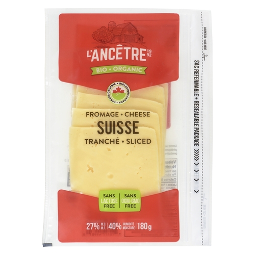 L'Ancetre - Organic Swiss Cheese - Sliced 27% m.f. - Lactose Free 180g, 1 Each