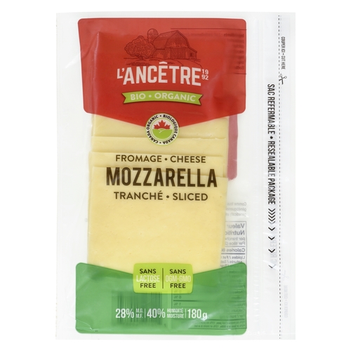 L'Ancetre - Organic Mozzarella Cheese - Sliced 28% m.f. - Lactose Free 180g, 1 Each