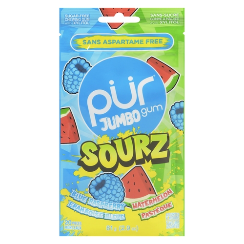 Pür Sugar-Free Chewing Gum with Xylitol Jumbo Sourz - 20 Pieces 81g, 1 Each