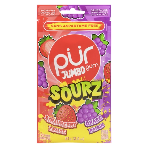 Pür Sugar-Free Chewing Gum with Xylitol Jumbo Sourz - 20 Pieces 81g, 1 Each