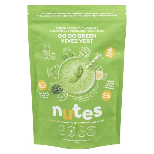 Nutes Frozen Superfood Smoothies - Go Go Green - 10 Frozen Pucks 650g, 1 Each