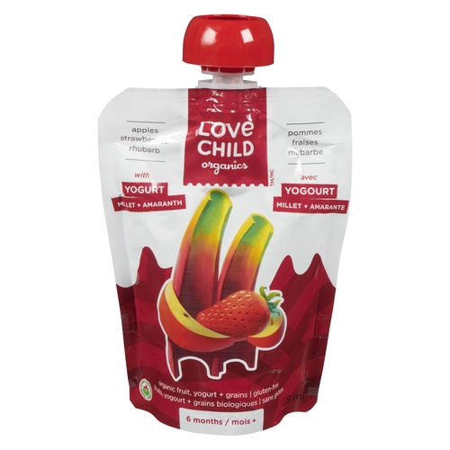 Love Child Organics - Puree - Apples Strawberries Rhubarb with Yogurt Millet + Amaranth 128ml, 1 Each