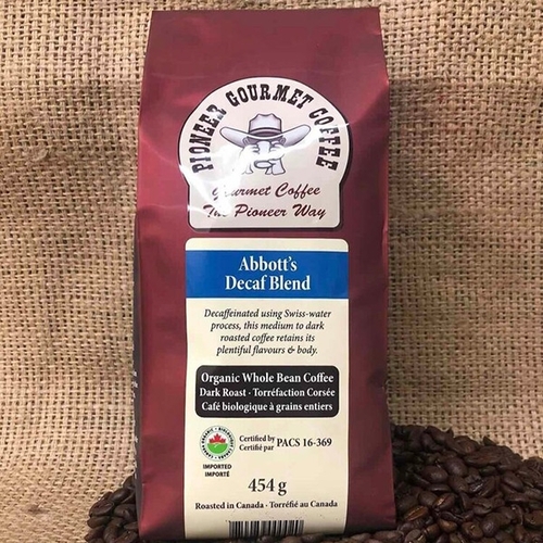 Pioneer Gourmet Coffee - Organic Abbott’s Decaf Blend - Whole Bean Coffee - Dark Roast 400g, 1 Each
