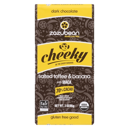 Zazubean - Cheeky - Organic Fair Trade Dark Chocolate - Salted Toffee & Banana with Maca - 70% Cacao 85g, 1 Each