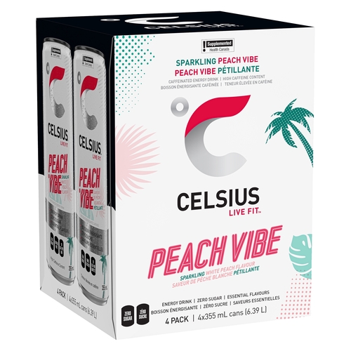 Celsius Live Fit - Caffeinated Energy Drink - White Peach Vibe 4/355ml, 1 Each