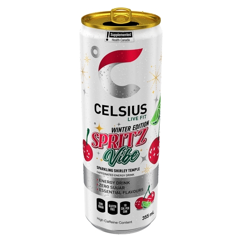 Celsius Energy - Sparkling Caffeinated Energy Drink - Spritz Vibe Shirley Temple Winter Edition 355ml, 1 Each