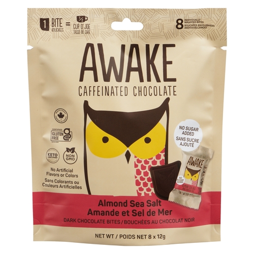 AWAKE Caffeinated Chocolate - Almond Sea Salt Dark Chocolate Bites 96g, 1 Each