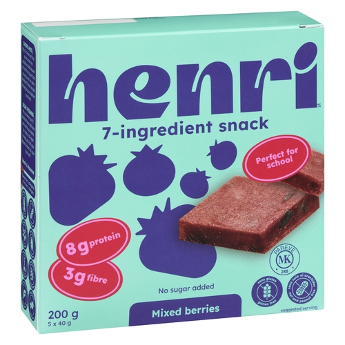 Henri Vegan Bar - 7-Ingredient Snack Mixed Berries 5's 200g, 1 Each